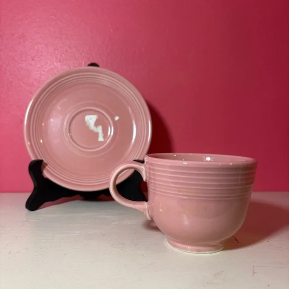 Retro Fiestaware Homer Laughlin Vintage Rose Pink Ceramic Cup and Saucer Set Fun - Picture 3 of 8